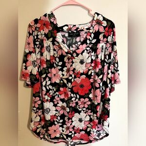 Lane Bryant Floral V-Neck Blouse - Black, Red, and Pink